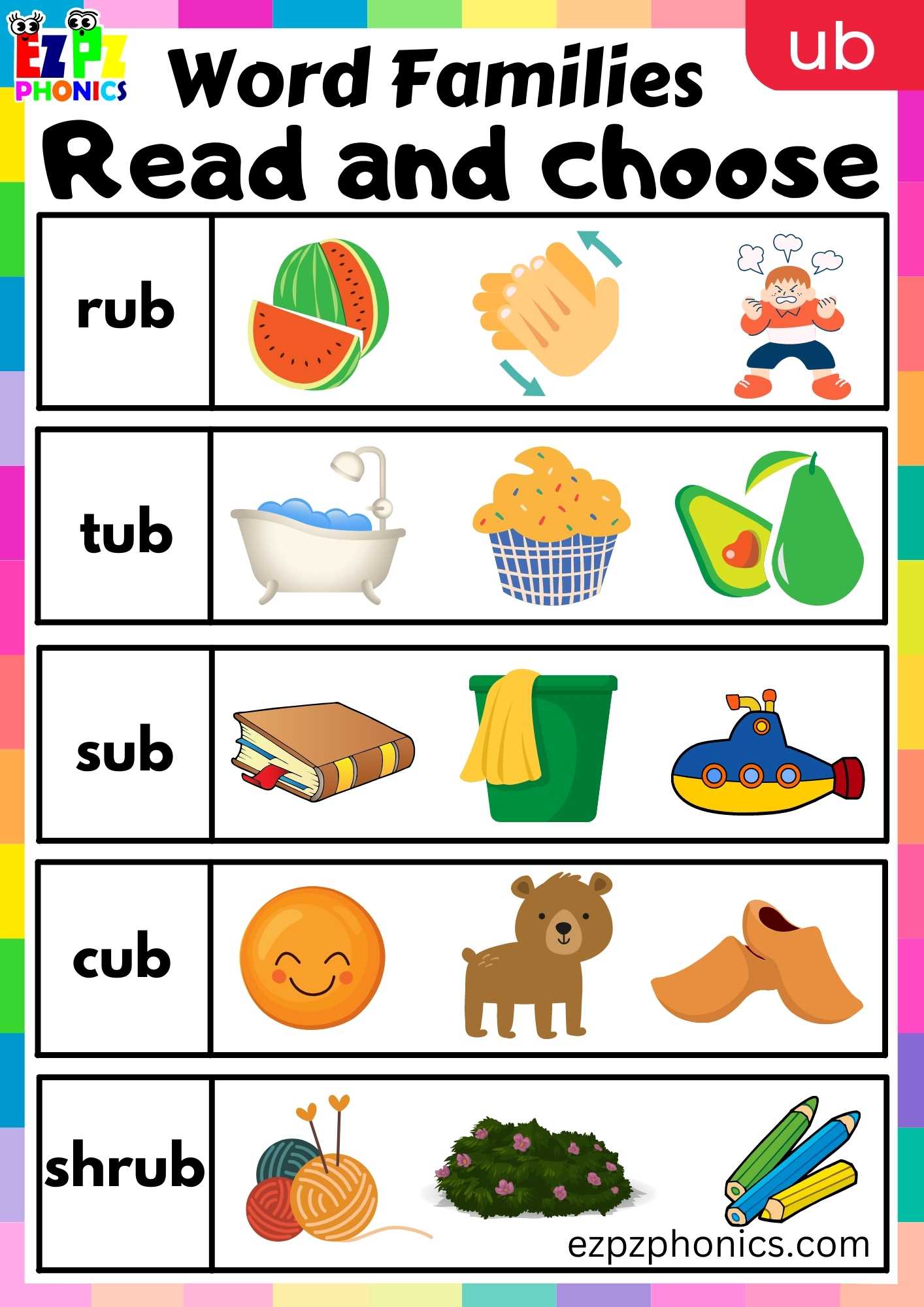 UB Words Read And Choose Phonics Word Families Worksheet